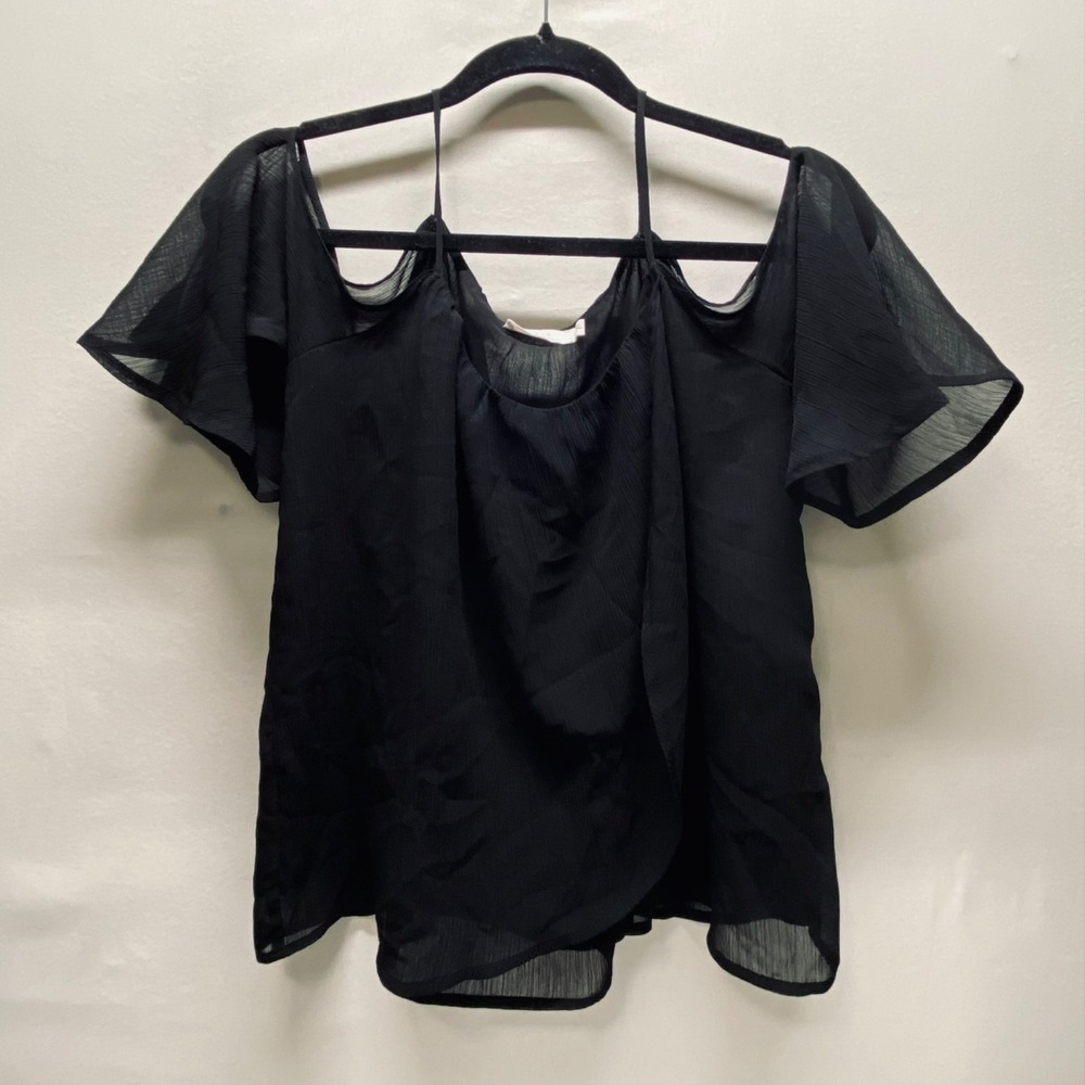 Lush Cold Shoulder Blouse Women's‎ XS Black Semi Sheer Lightweight Short Sleeve